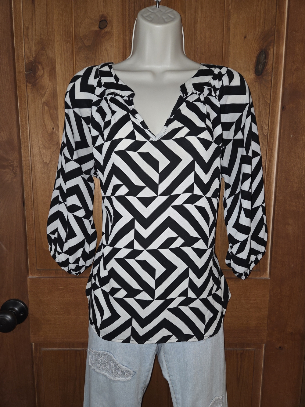 Maude Black &‎ Cream Geometric V-Neck Blouse